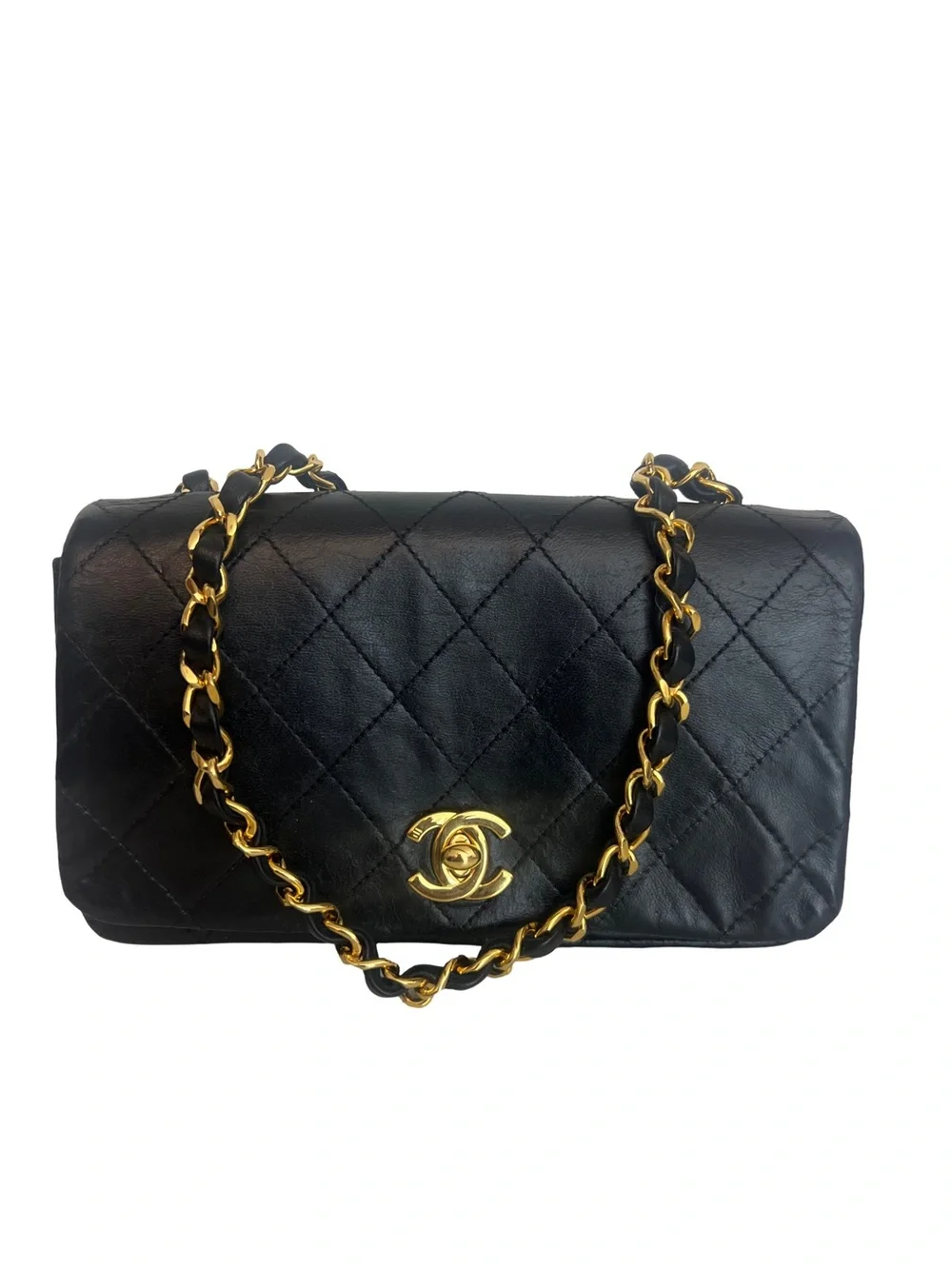 CHANEL Black Quilted Lambskin Mini Flap Bag with Gold Chain